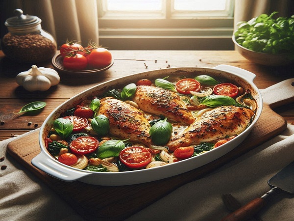 A platter with a freshly baked Caprese Chicken