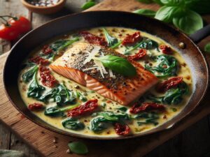 A pan-seared salmon fillet in a creamy, garlic-infused sauce with wilted spinach and chopped