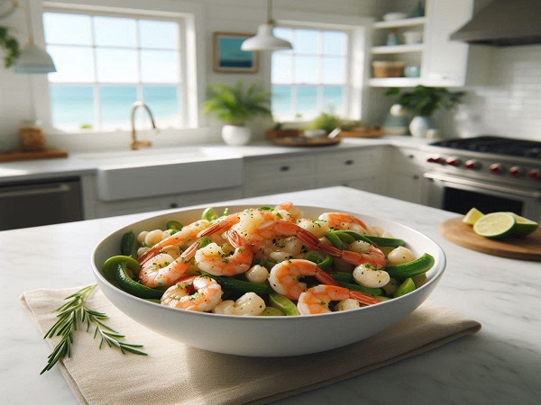 A platter of fresh shrimp cooked and presented on a platter of Zoodles